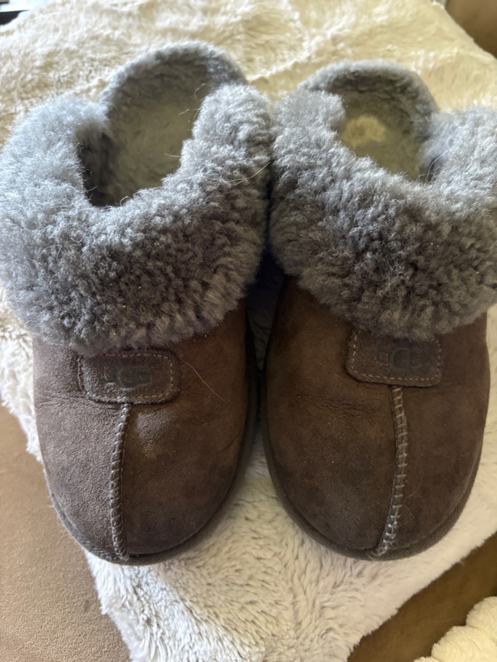 UGG Brown Suede Shearling Cuff Slip-On Flats I wear 8 1/2 and they’re fine